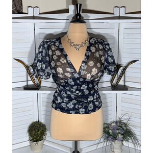 Wild Jasmine blue white blouse floral chiffon zipper closure puffed sleeves XL